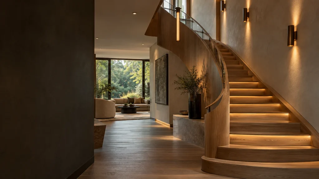 Oak staircase with warm step lighting and bronze wall sconces