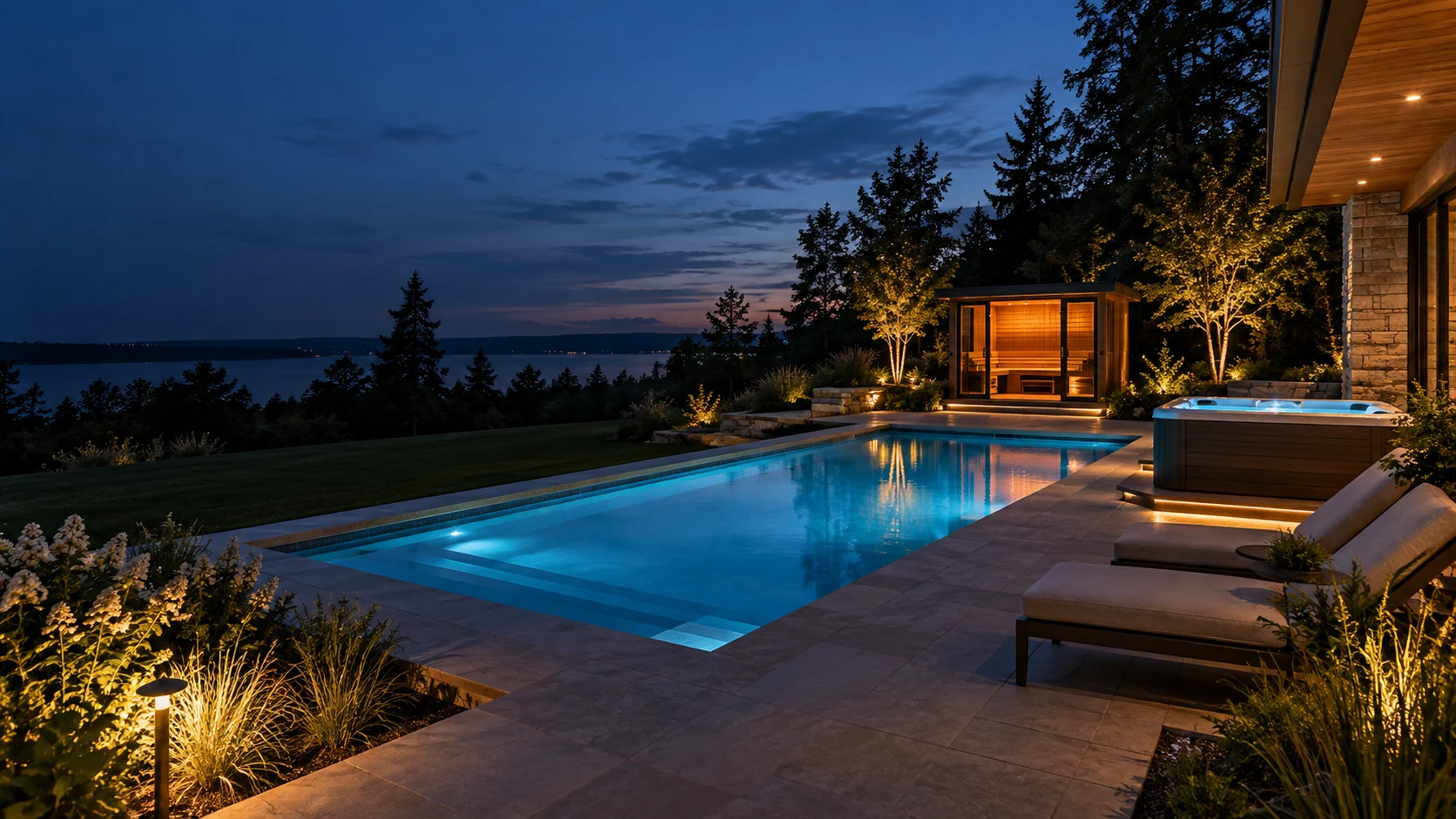 AI-generated concept of a residential pool, hot tub and cedar sauna at dusk