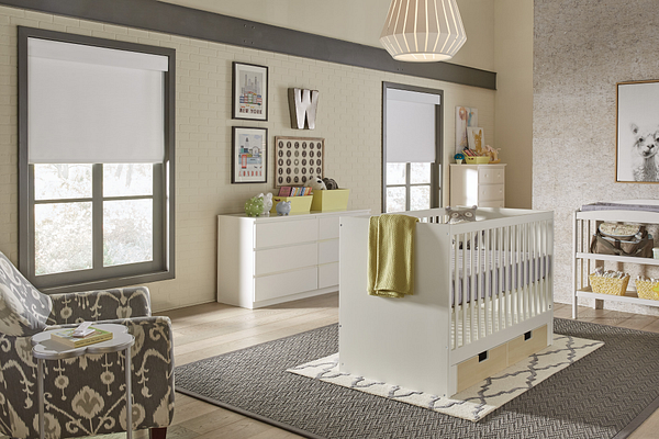 Lutron blackout shades in a modern nursery