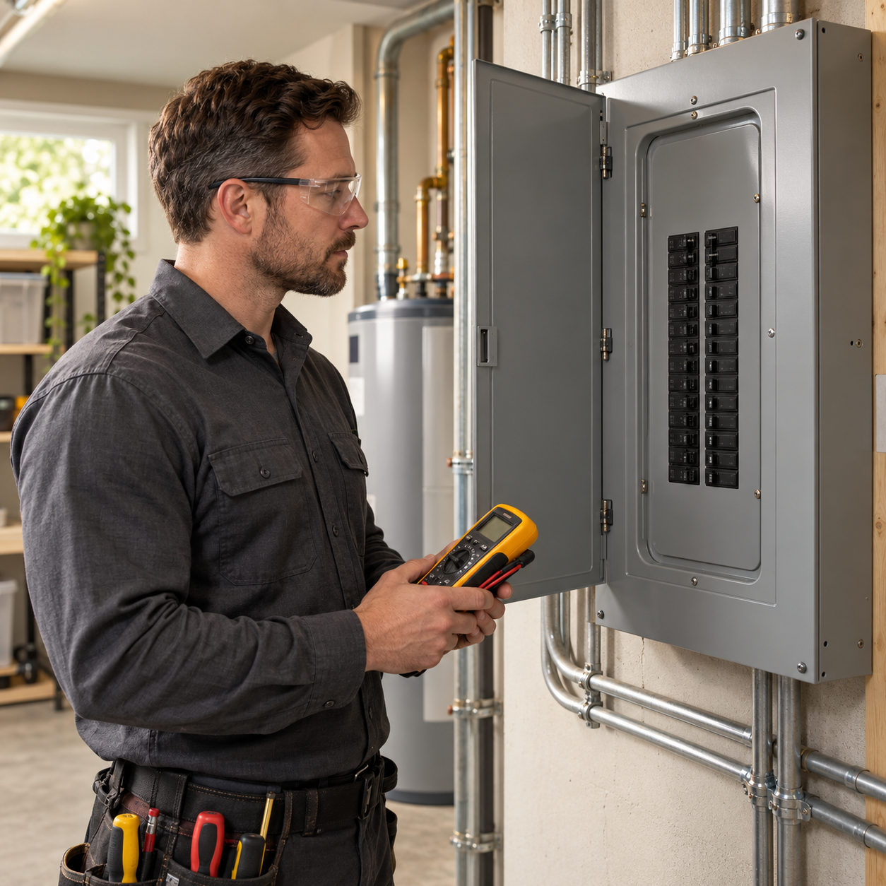 AI-generated illustration of an electrician inspecting a residential electrical panel