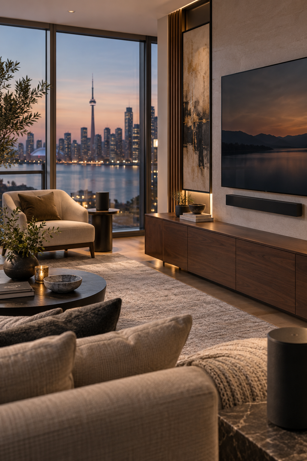 Luxury living room with professionally integrated whole-home audio