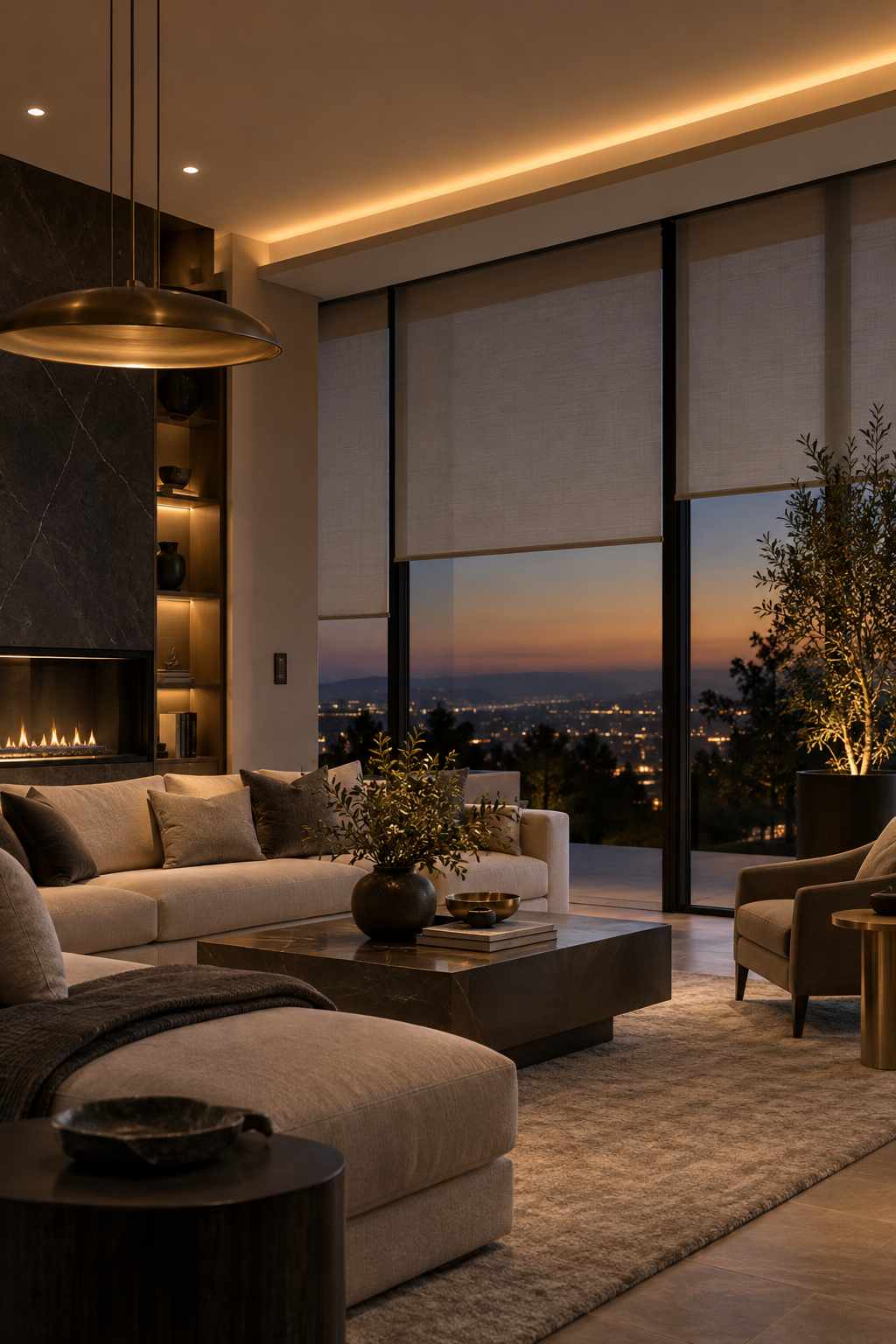 Luxury interior with coordinated architectural lighting and automated window shades