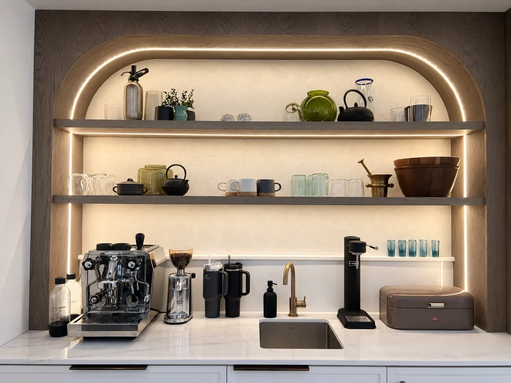 Arched coffee bar with integrated LED lighting around the wood surround and display shelves