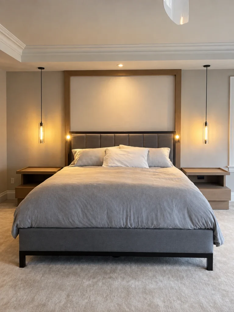 Bedroom with two suspended bedside pendants, headboard reading lights and a recessed ceiling light
