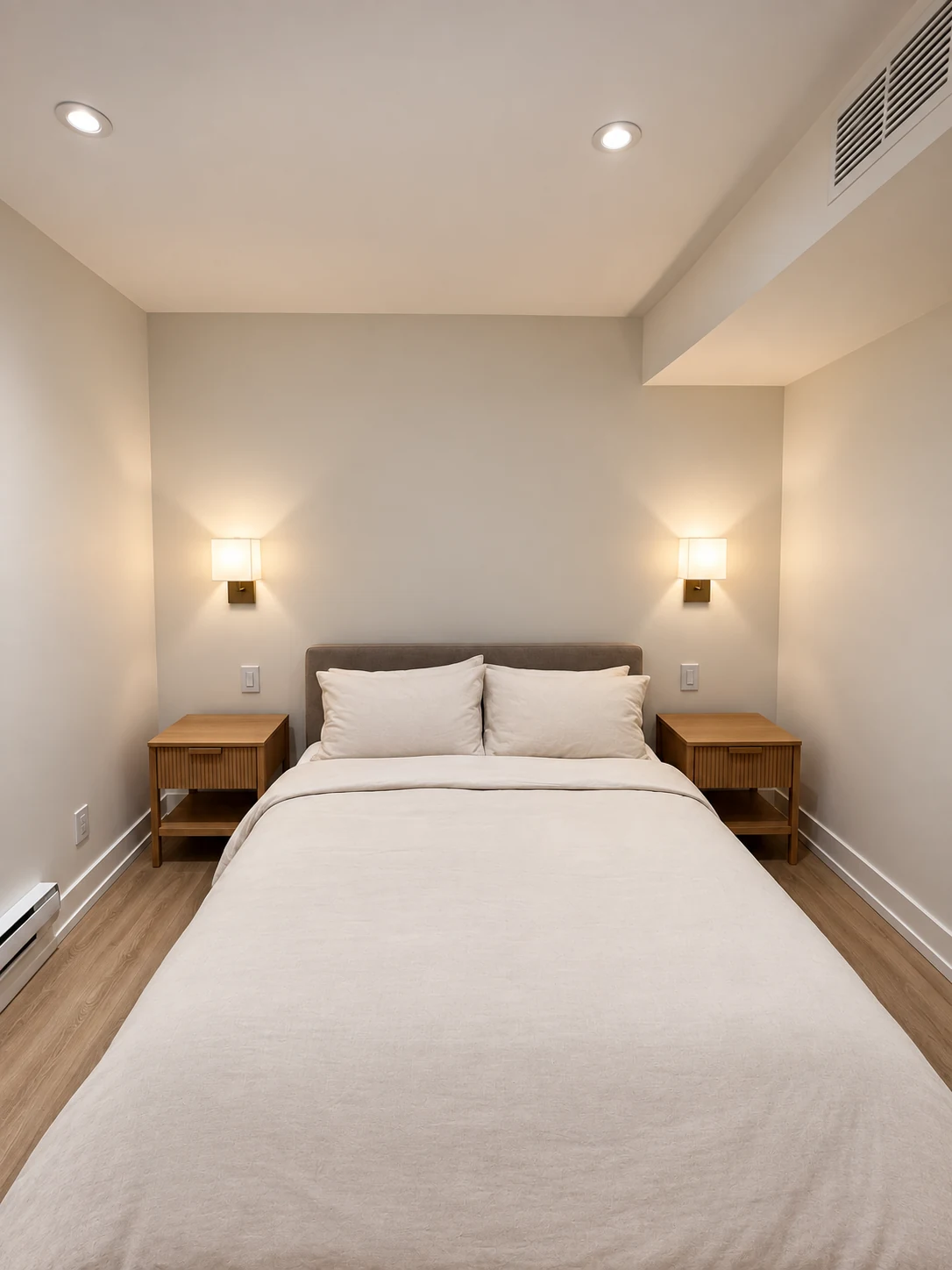 Bedroom with two wall sconces, recessed ceiling lights and an electric baseboard heater