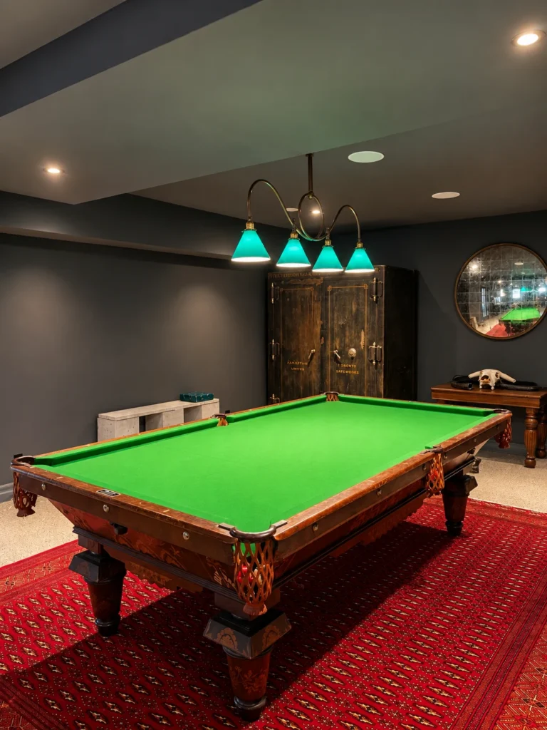 Billiard room with four green pendant shades, recessed ceiling lights and ceiling speakers