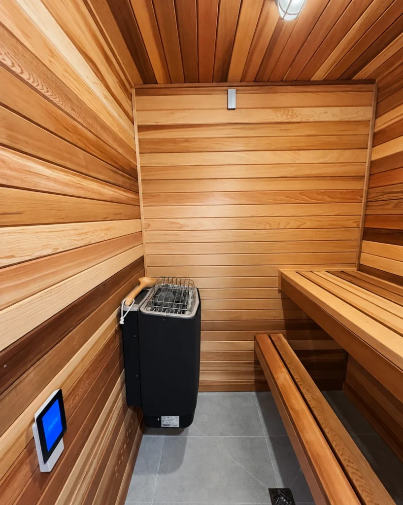 Cedar sauna interior with an electric heater, wall-mounted control and ceiling light