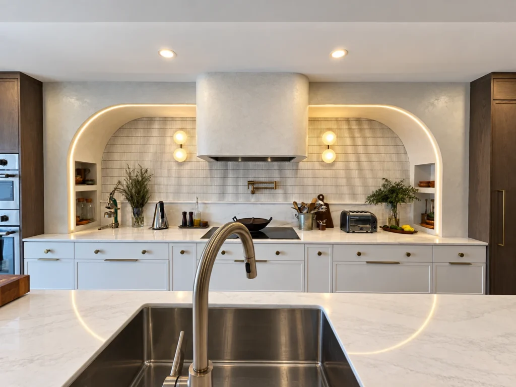 Kitchen with an illuminated curved alcove, two globe wall sconces and recessed ceiling lights