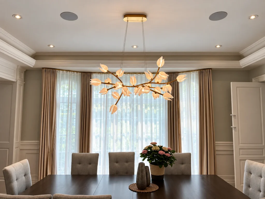 Front view of a floral glass dining chandelier with recessed ceiling lights and two ceiling speakers
