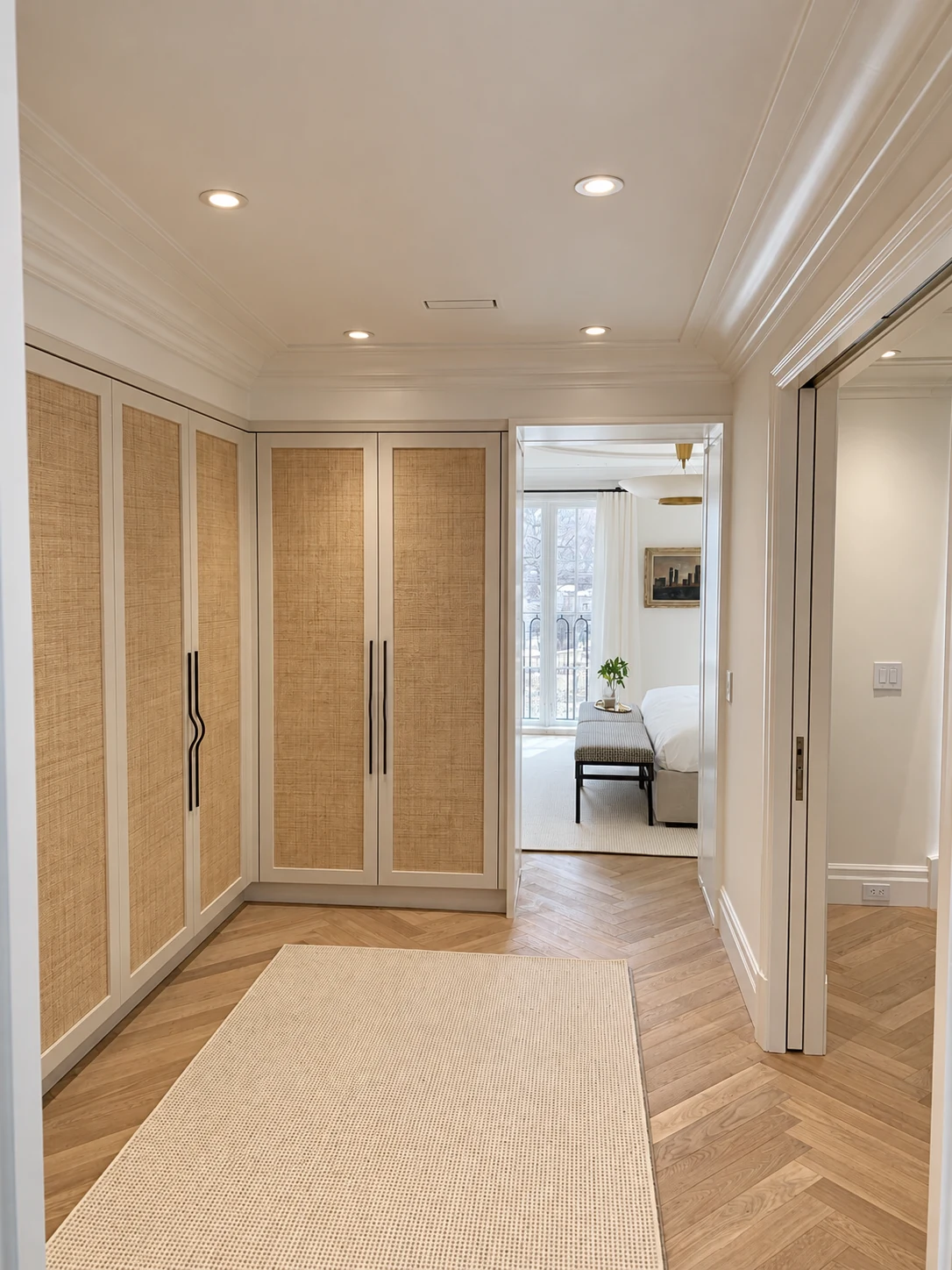 Recessed ceiling lighting beside woven-panel dressing room wardrobes