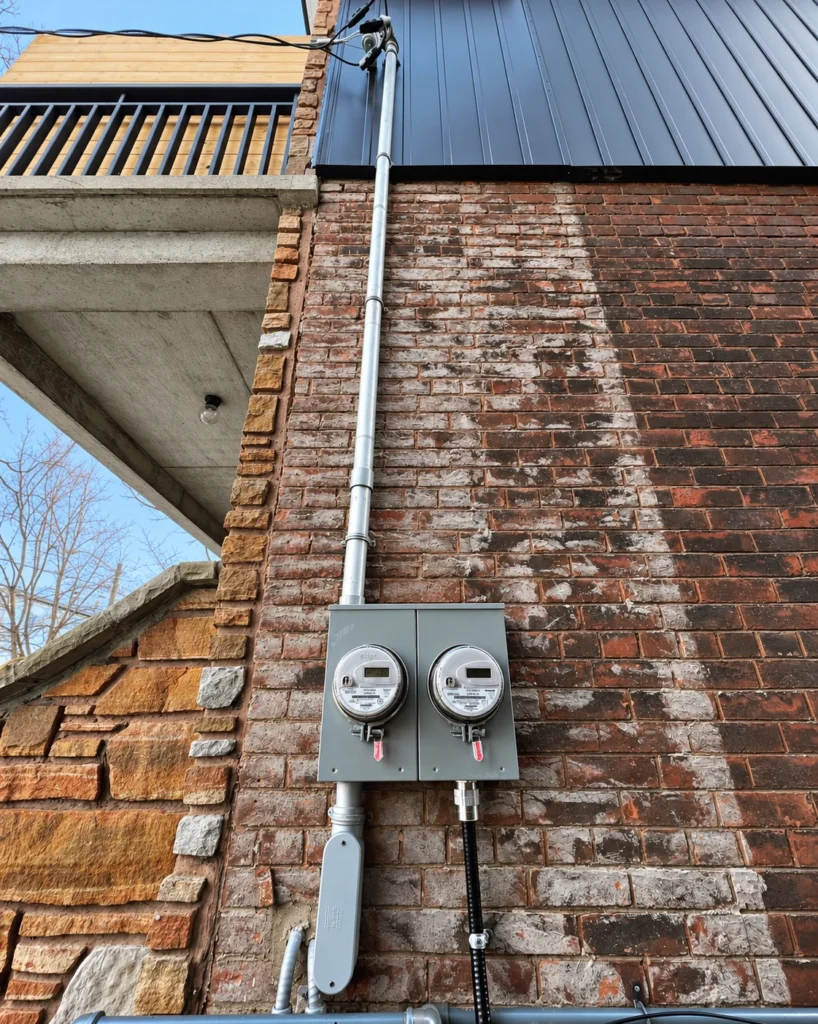 Two exterior electricity meters with an overhead service mast and conduit on a brick wall