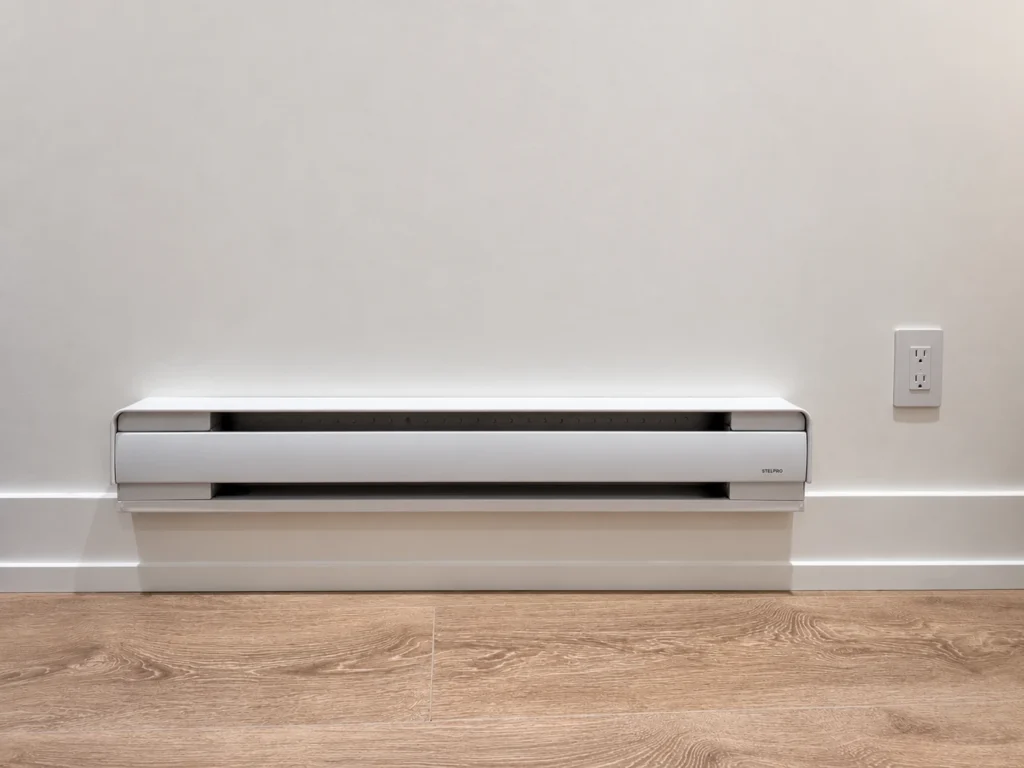 White electric baseboard heater installed above wood flooring beside a wall receptacle