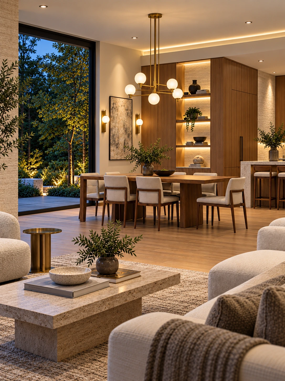 Elegant living room with a hanging chandelier, recessed pot lights, wall sconces and integrated LED lighting