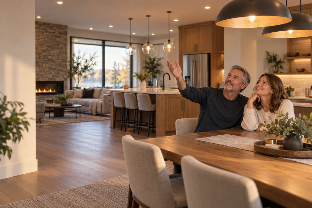 Electric FX Reviews – Enjoying Home Lighting Couple seated at a dining table admiring pendant and recessed lighting in a modern home.