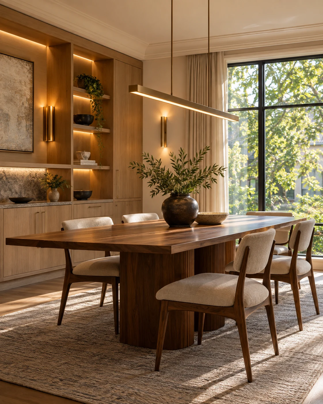 Dining room with a linear chandelier, wall sconces and illuminated cabinetry