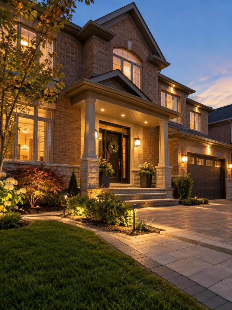 Brick family home with illuminated porch, garage sconces and garden lighting