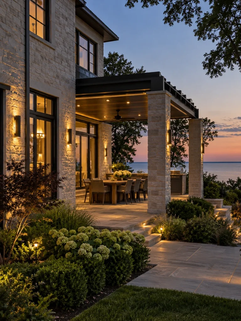 Lakefront terrace with ceiling lighting, wall sconces and lit garden steps