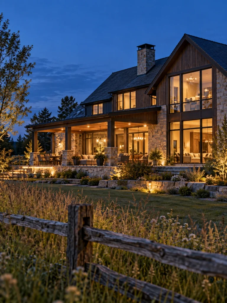 Country estate with warm veranda lighting and a split-rail fence at dusk