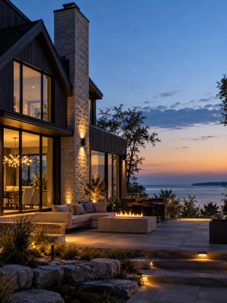 Contemporary waterfront home with a lit stone chimney, chandelier and outdoor lounge