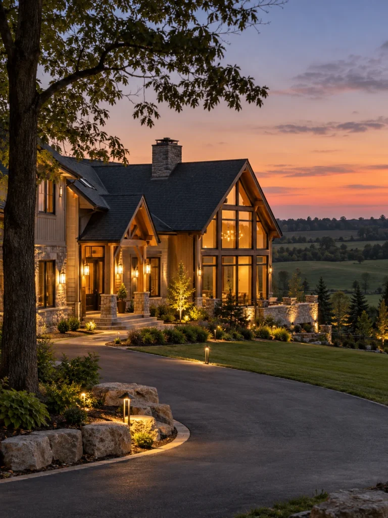 Country home with warmly lit windows, entry lanterns and a winding illuminated drive
