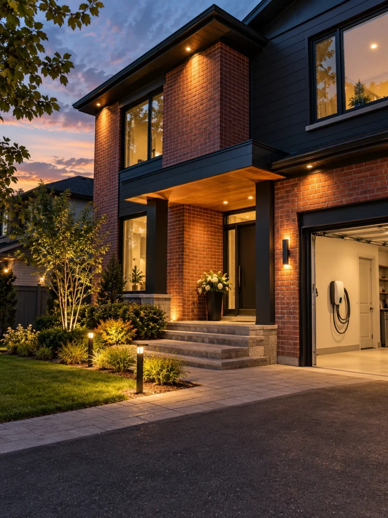 Modern brick home with recessed entry lights, landscape lighting and an EV charger
