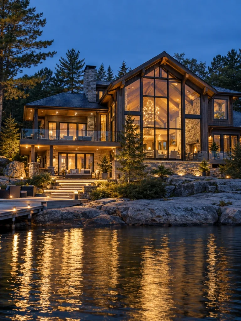 Custom lakeside cottage with a chandelier, recessed lighting and illuminated stone terrace