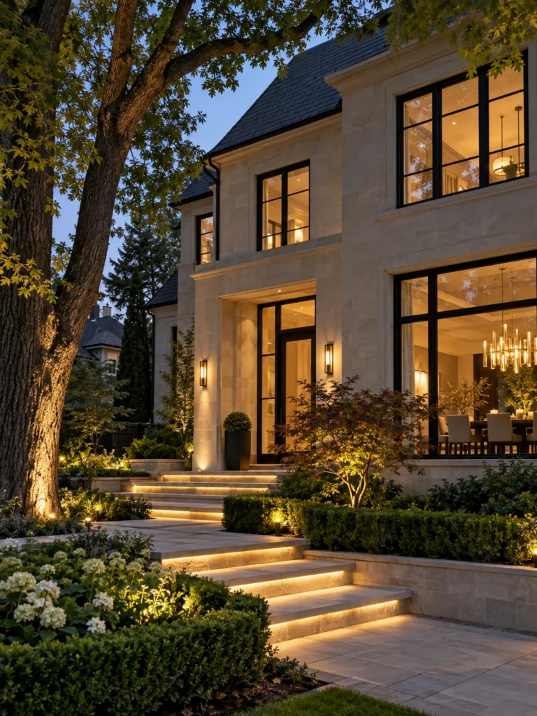 Limestone custom home with warm entry sconces and illuminated garden steps
