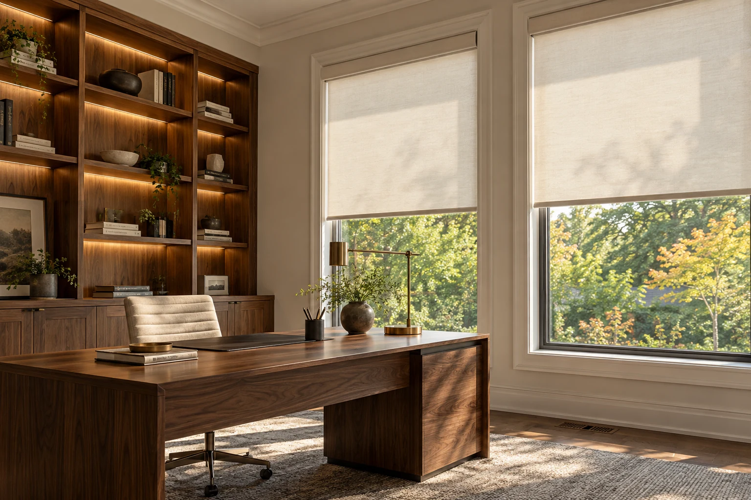 Home office with ivory roller shades, filtered daylight and warm shelf lighting