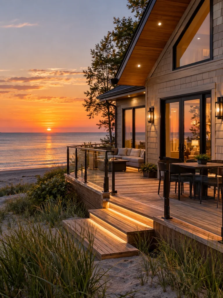 Beachside cottage with warm soffit lights and illuminated cedar deck steps