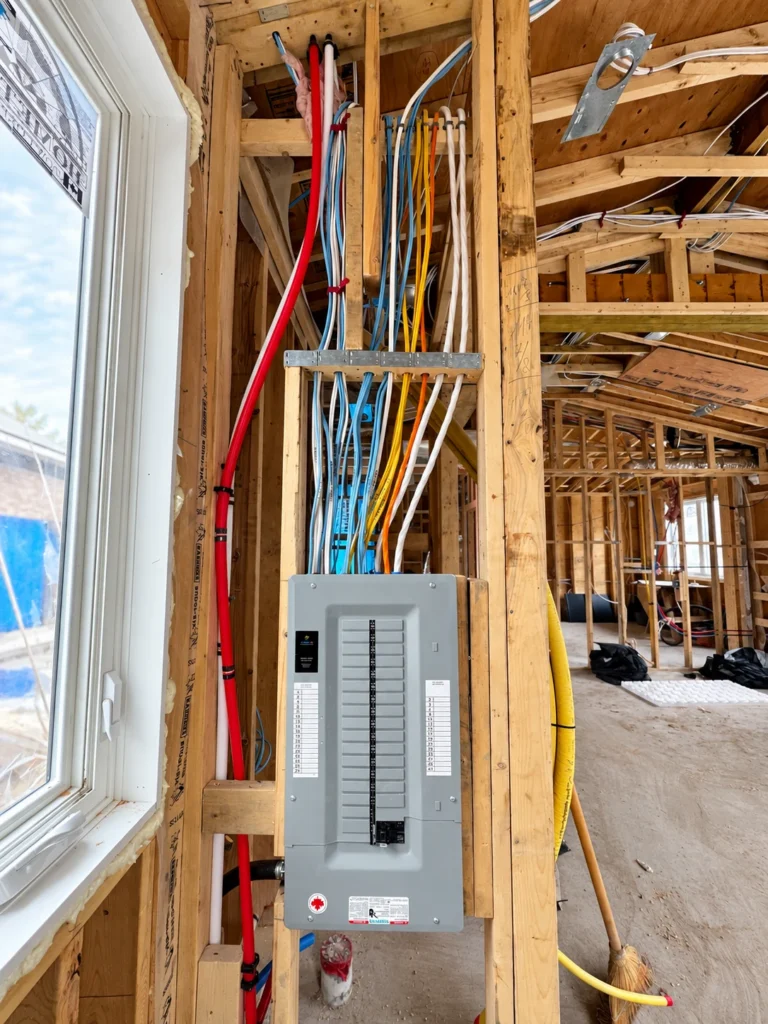 Electrical panel and organized cable runs mounted in exposed timber framing during a renovation