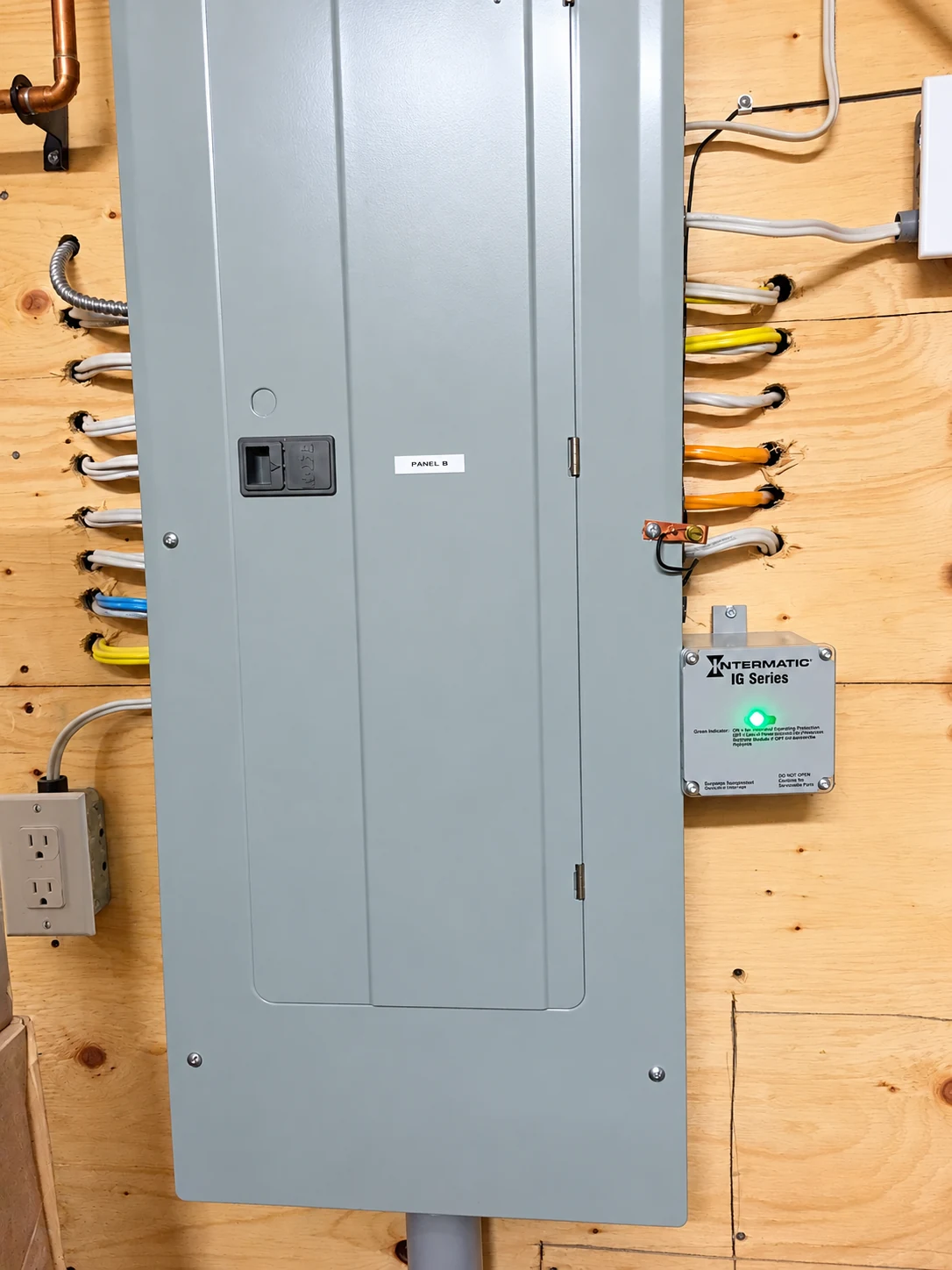 Electrical panel on plywood backing with an Intermatic surge protector and illuminated status indicator