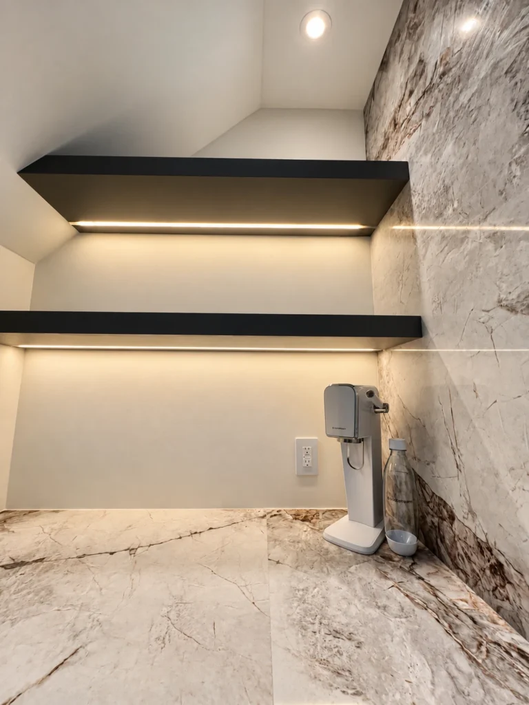 Concealed LED lighting beneath two floating shelves above a marble-look wet bar counter