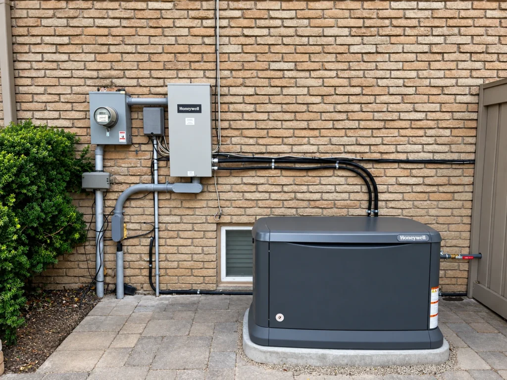Honeywell standby generator with transfer switch, meter and conduit installation against a brick wall