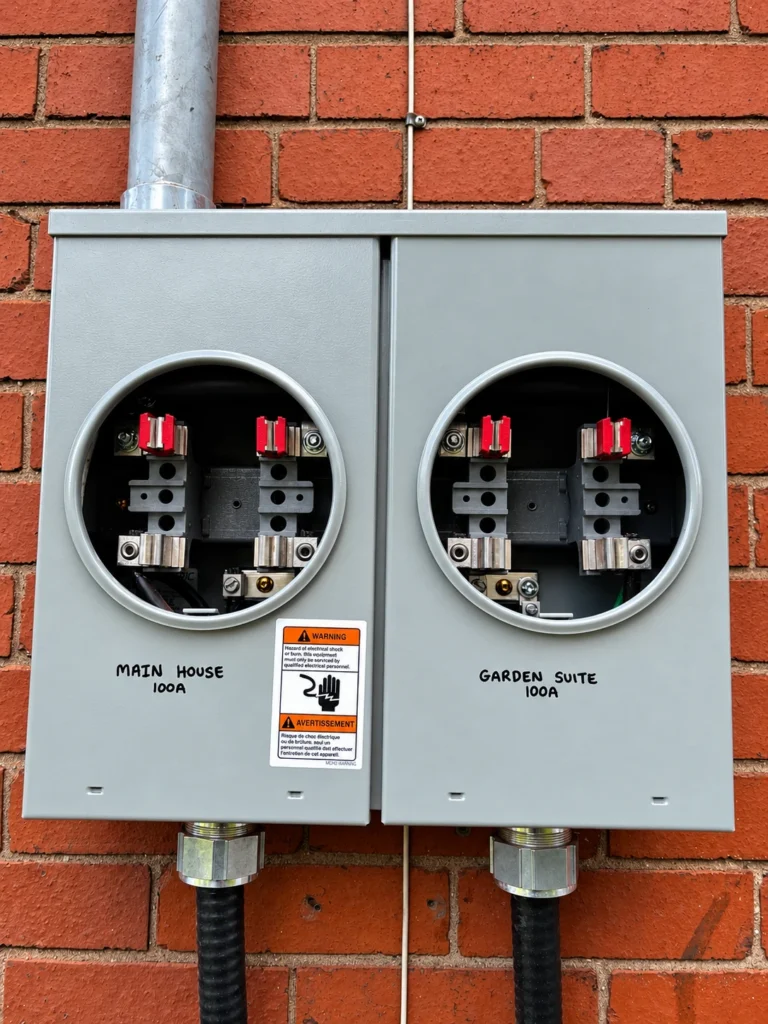 Dual meter socket enclosure labelled Main House 100A and Garden Suite 100A