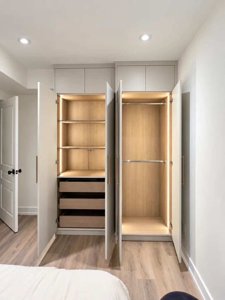 Open custom wardrobes with vertical LED lighting, wood interiors, shelves and hanging rails