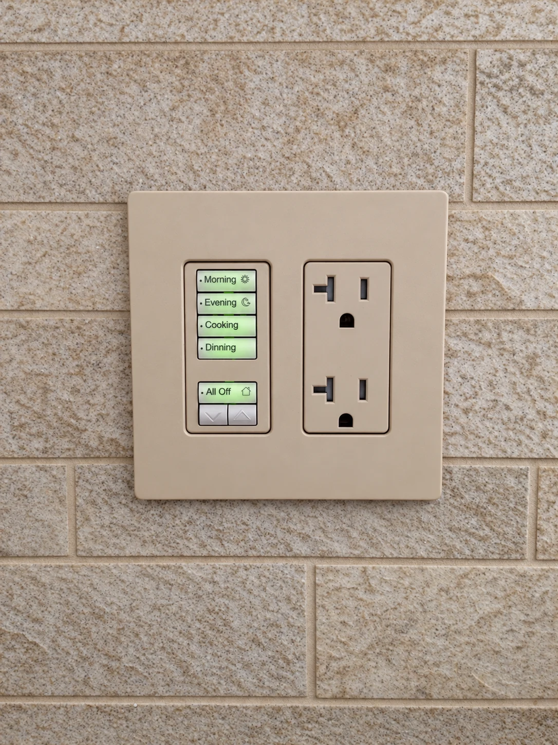 Backlit scene-control keypad beside a matching receptacle on a tiled backsplash