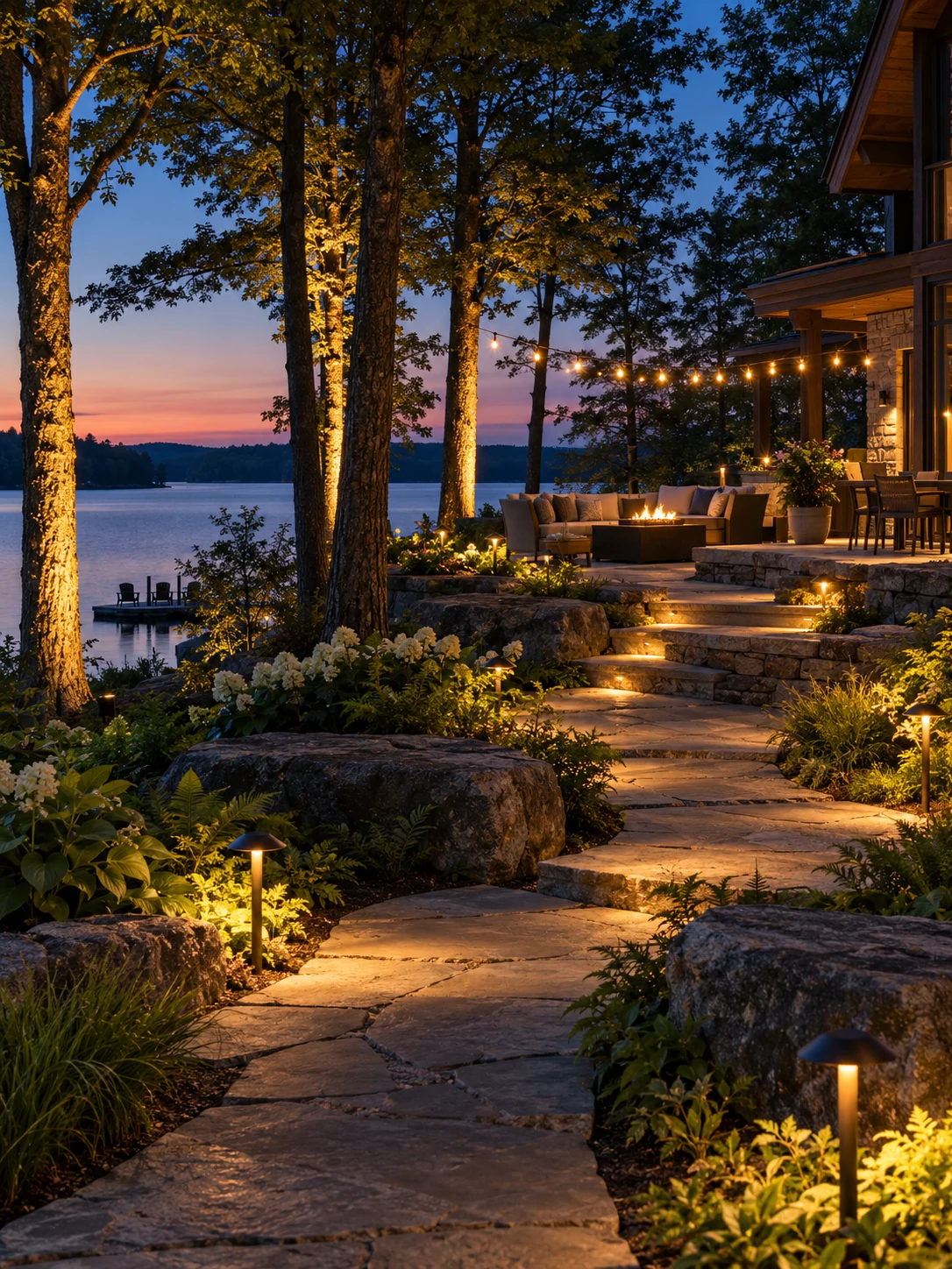 Landscape lighting design concept with path lights, tree uplights, illuminated steps and patio string lights overlooking a Muskoka lake