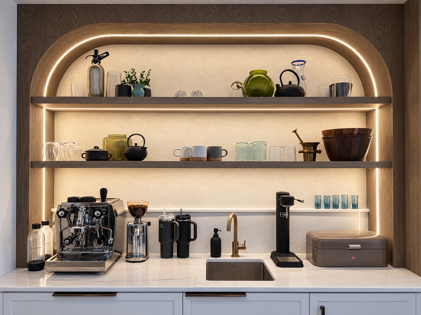 LED strip lighting follows an arched coffee bar and illuminates its display shelves