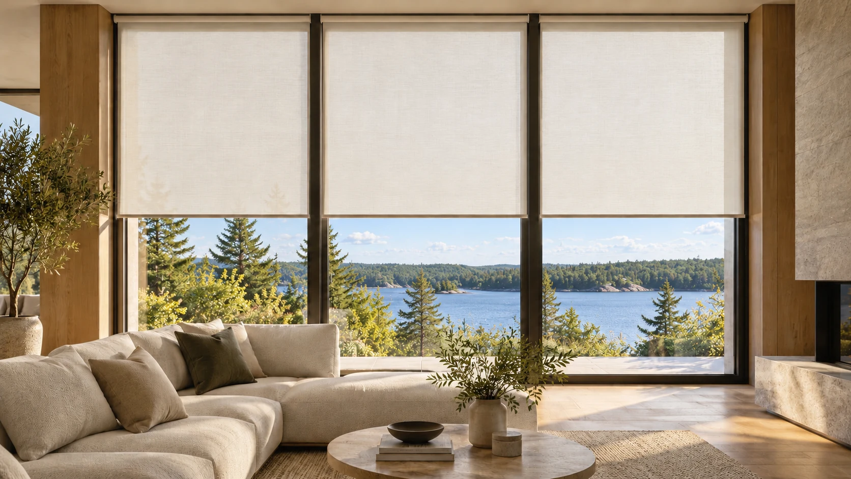 Contemporary living room with motorized-style roller shades, warm lighting and a lake view