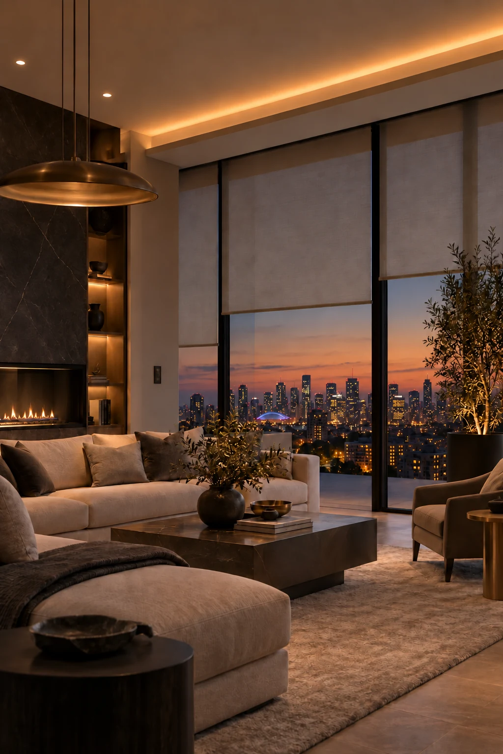 Luxury interior with coordinated architectural lighting and automated window shades