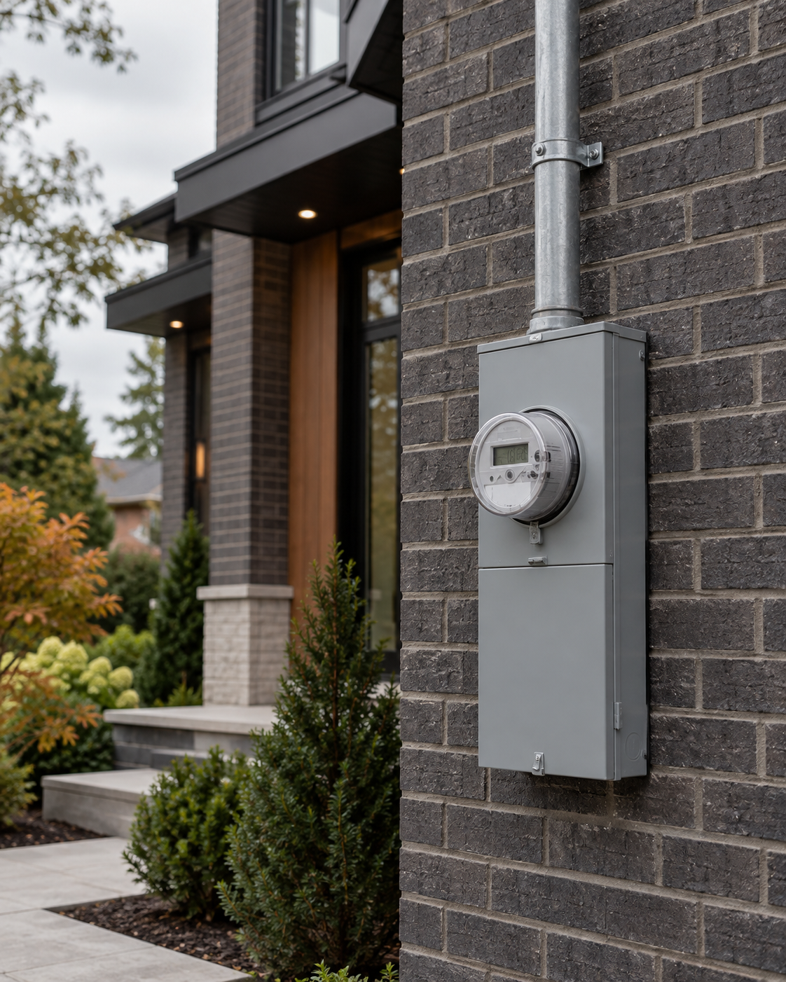 Illustration of an exterior electrical meter and service entrance on a modern brick home