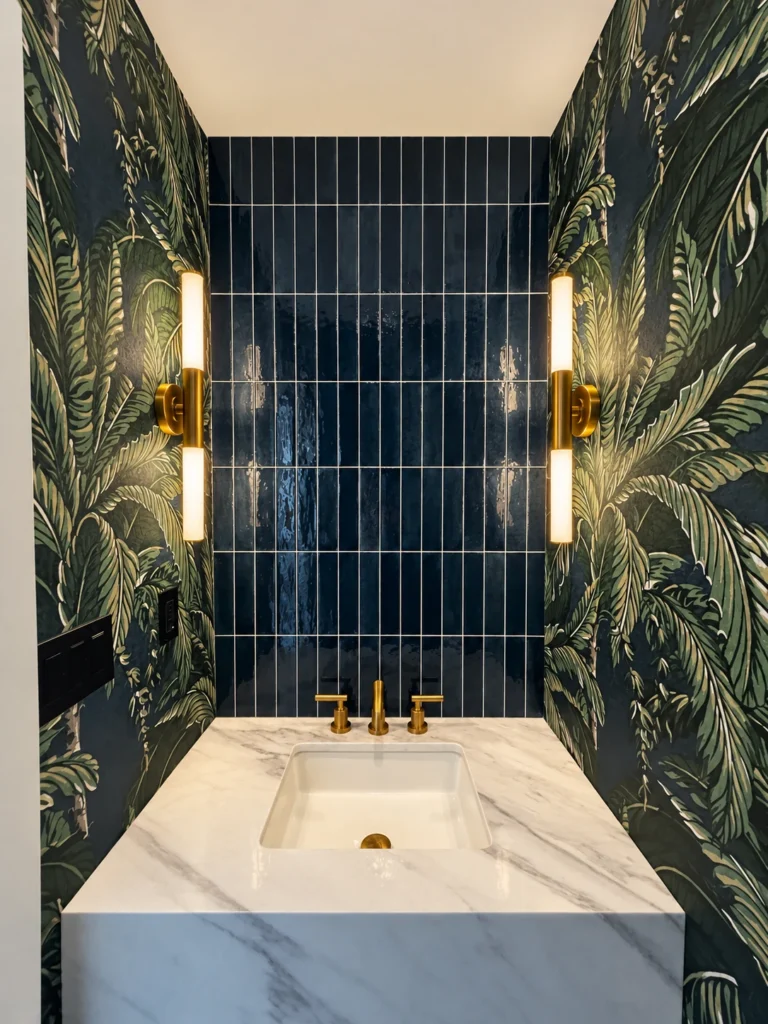 Powder room with two brass wall sconces, a floating marble vanity and botanical wallpaper
