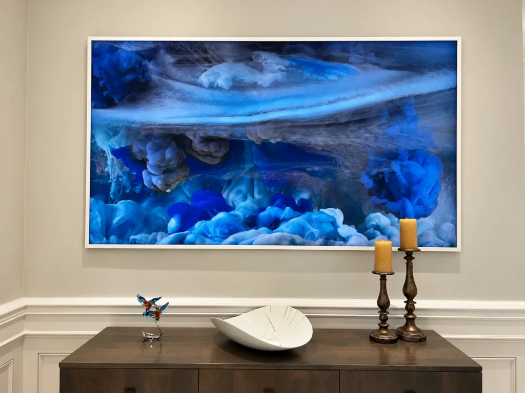 Wall-mounted Samsung The Frame TV displaying a blue image above a console