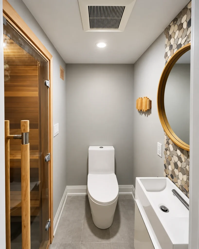Compact bathroom beside a glass sauna door with a recessed ceiling light, exhaust fan and wood wall sconce