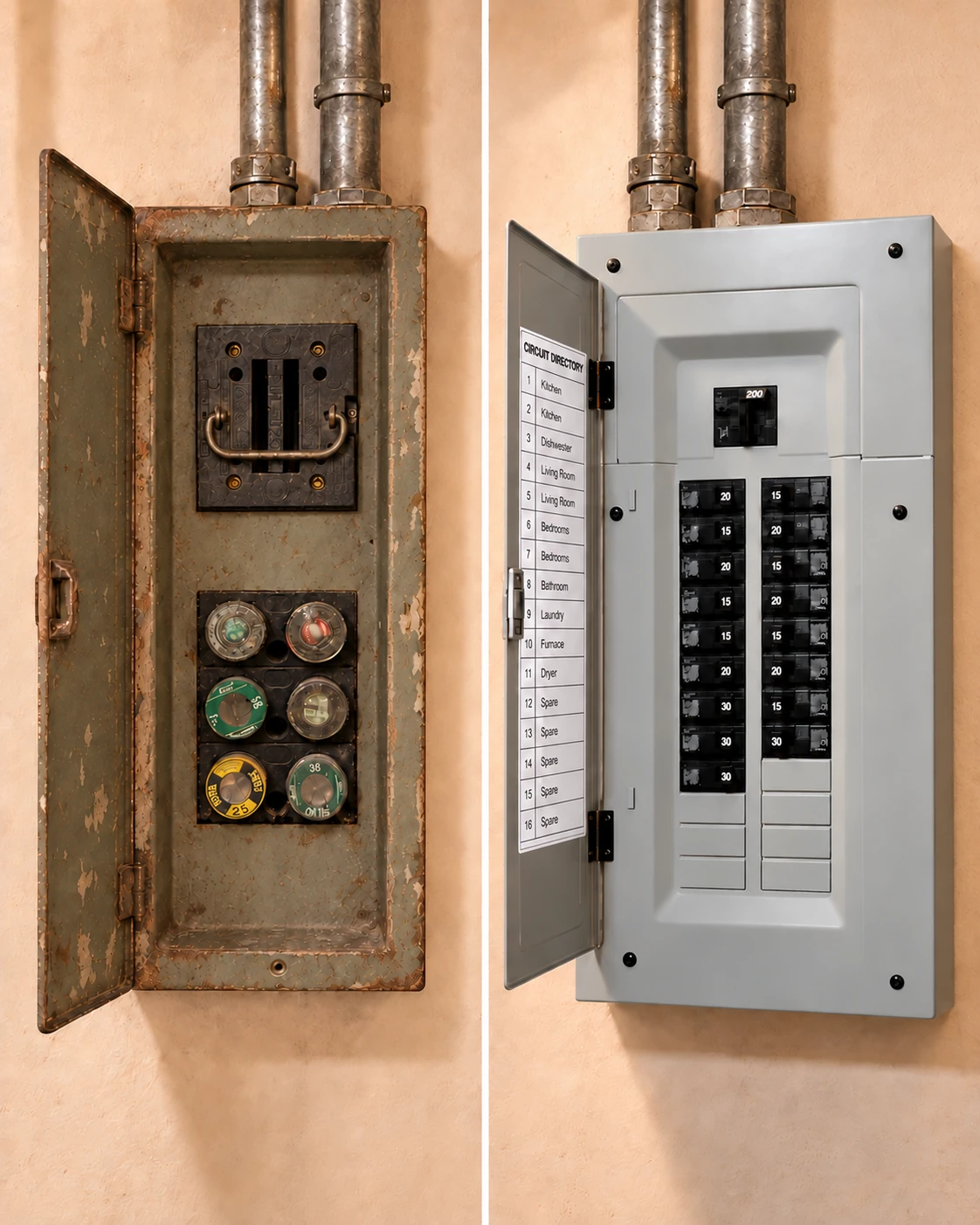 Before and after comparison of an old screw-in fuse box and a modern 200 amp breaker panel with a circuit directory and 15, 20 and 30 amp branch breakers