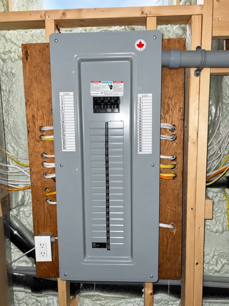 Siemens electrical panel with main breaker, cable entries and conduit mounted on plywood between framing