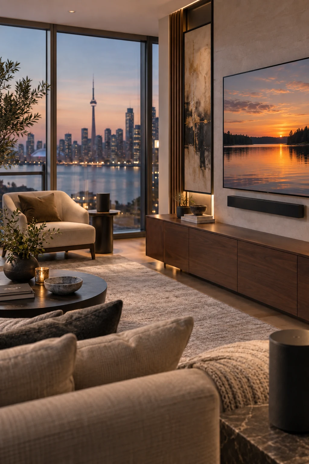 Luxury living room with professionally integrated whole-home audio