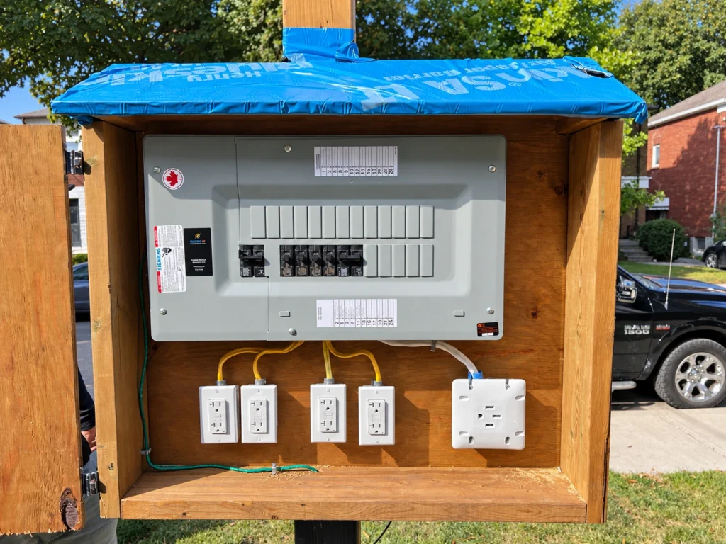 Temporary construction power panel with four GFCI receptacles and a larger outlet in a plywood enclosure