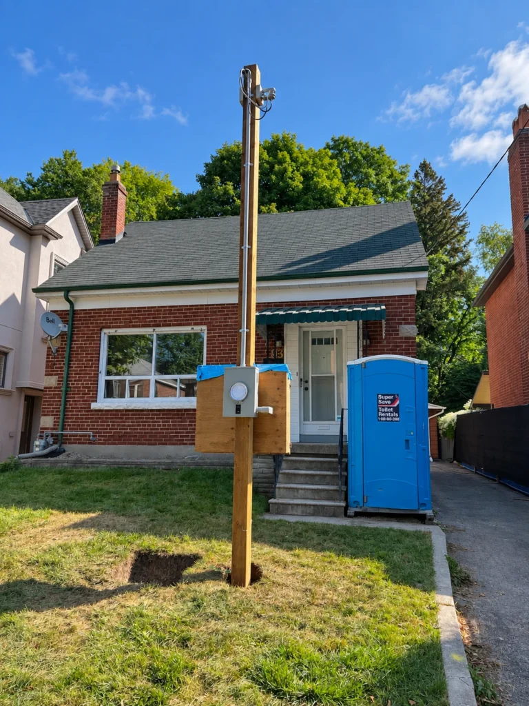 Temporary electrical service pole with meter and a plywood power enclosure at a residential construction site