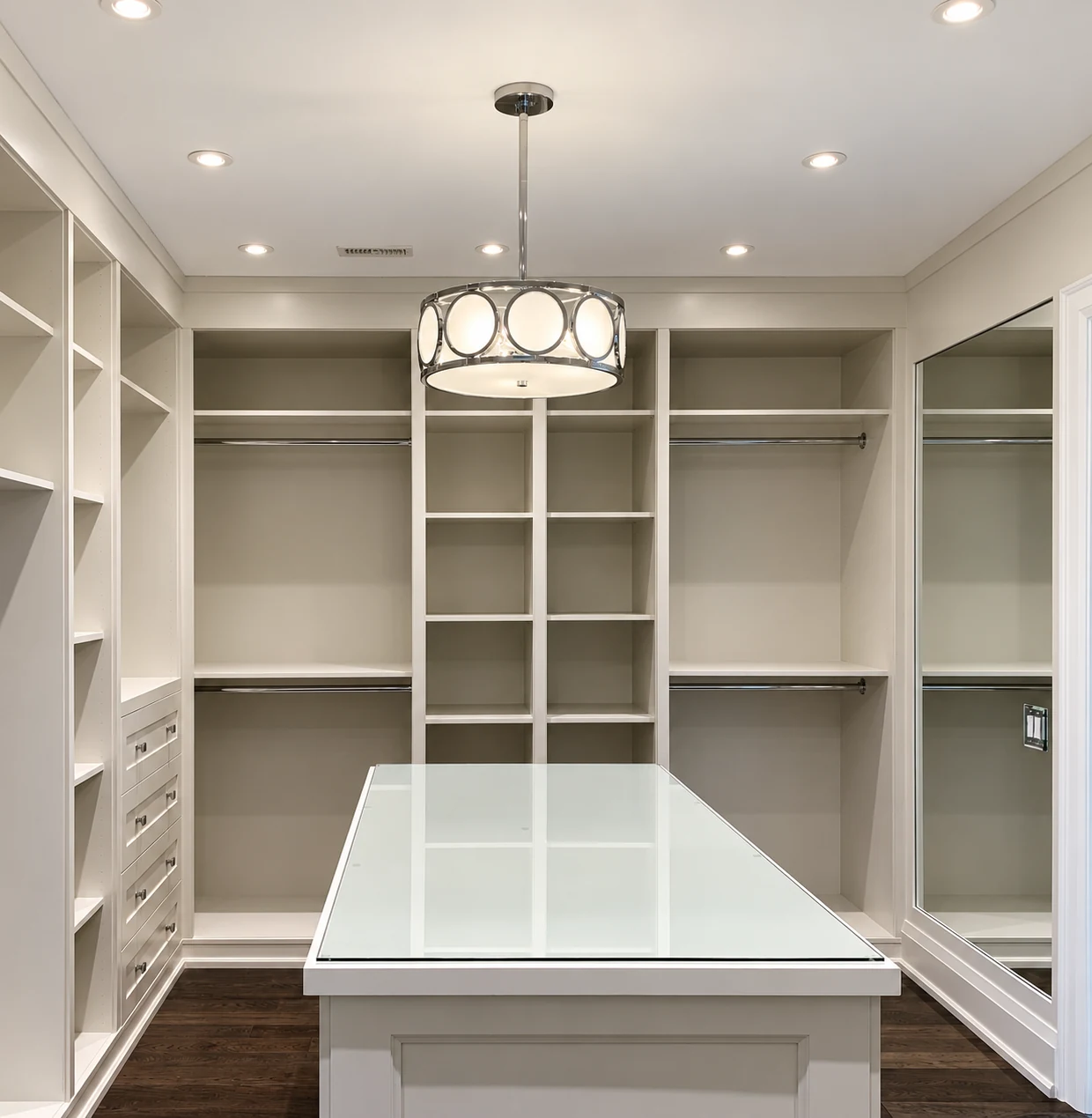 Drum chandelier and recessed lights in a walk-in closet with a glass-topped island